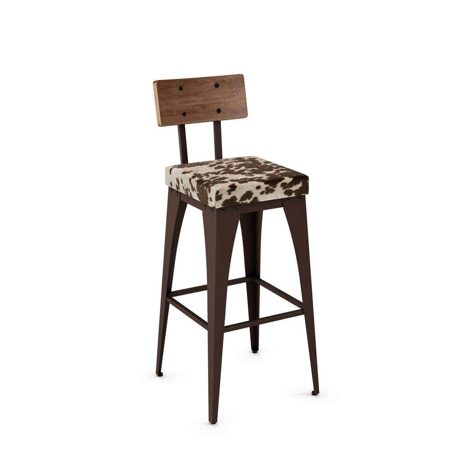 Upright Non Swivel Bar Stool with Upholstered Seat and Distressed Solid Wood Backrest