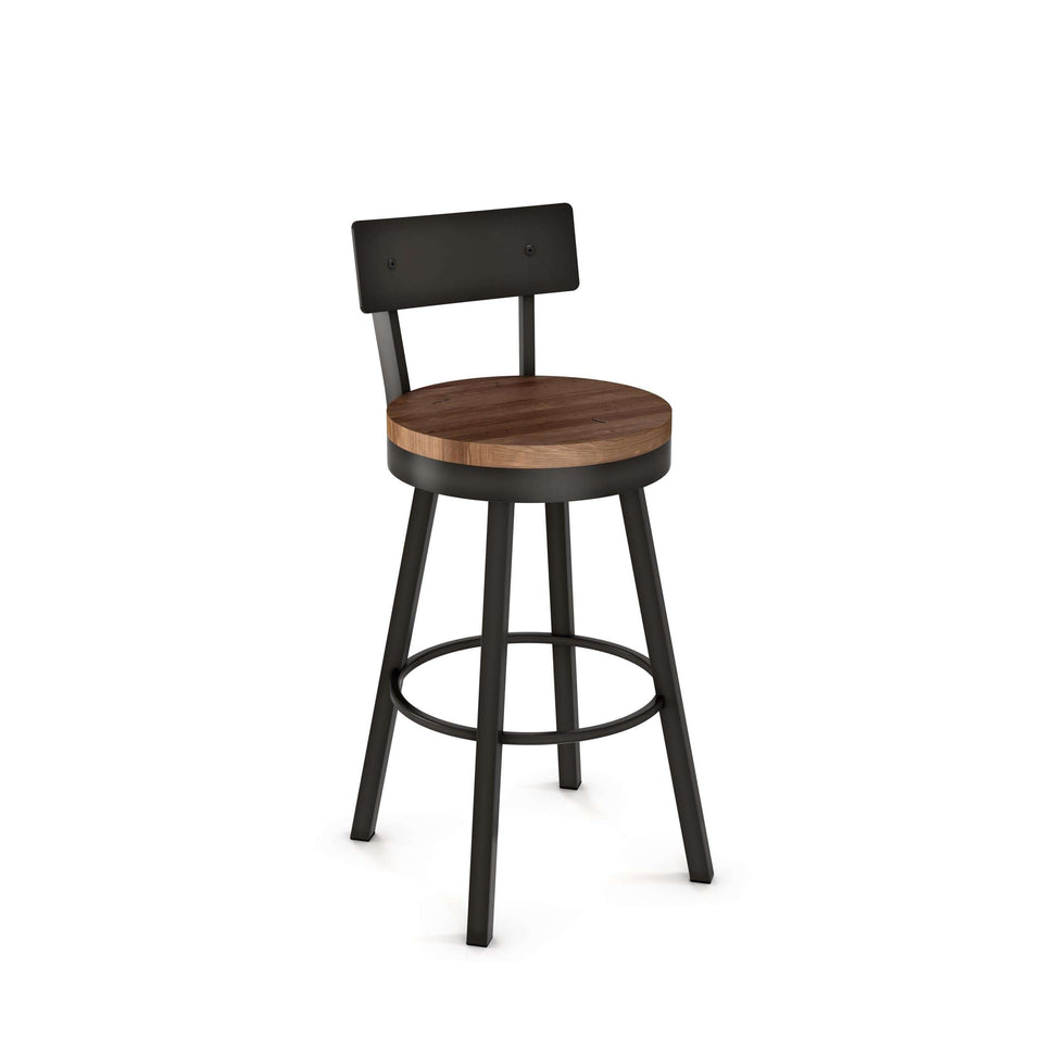 Amisco Lauren Swivel Bar Stool with Distressed Solid Wood Seat and Metal Backrest
