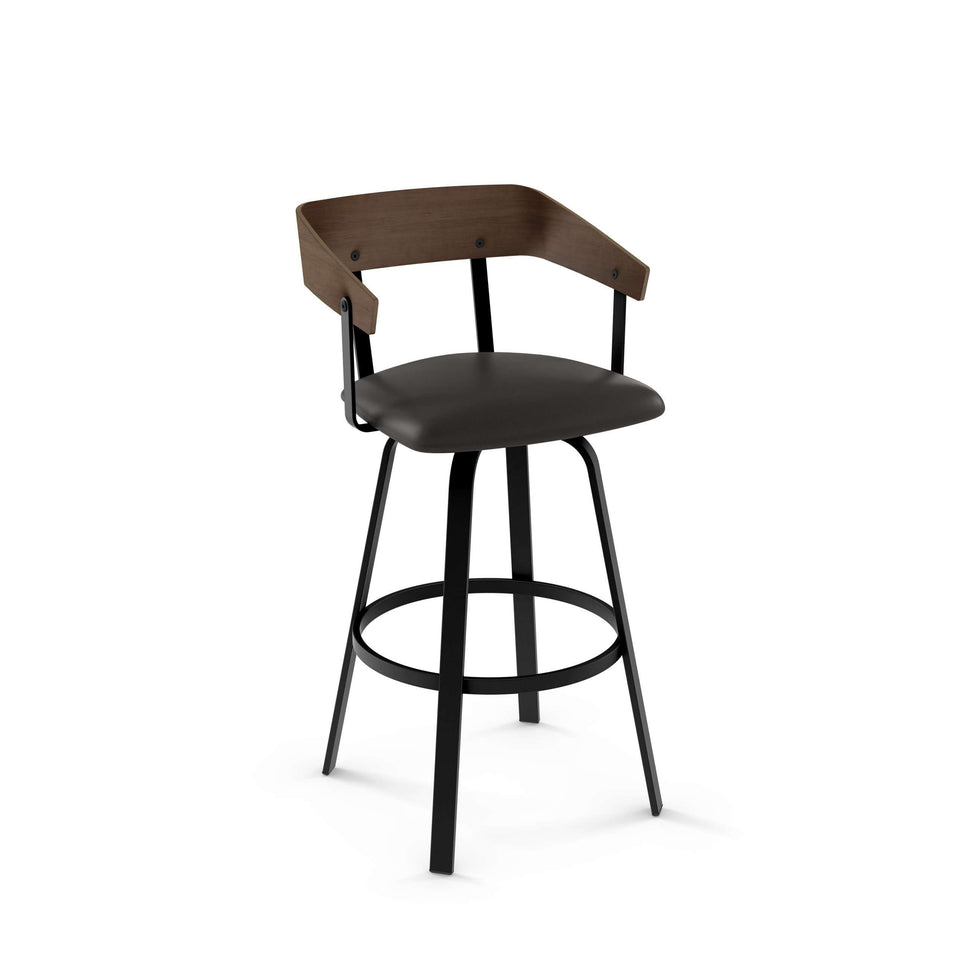 Carson Swivel Bar Stool with Upholstered Seat and Wood Veneer Backrest