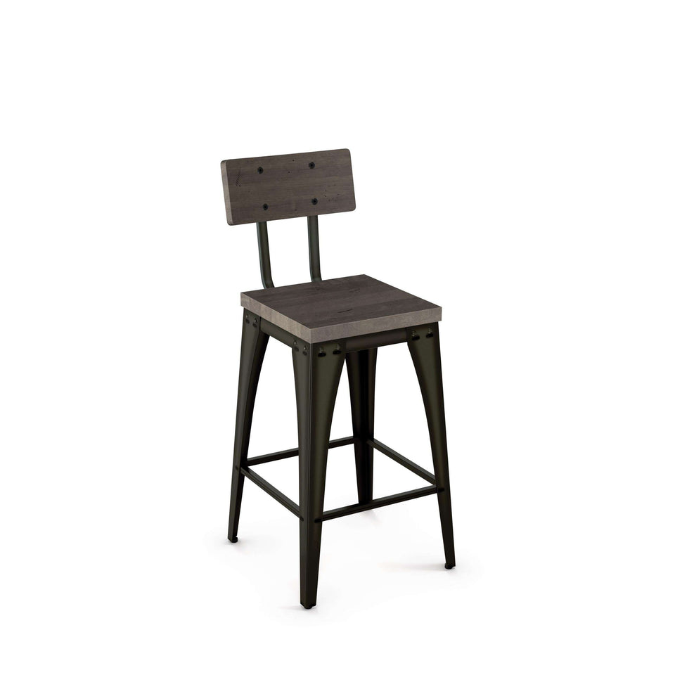Upright Non Swivel Counter Stool with Distressed Solid Wood Seat and Backrest