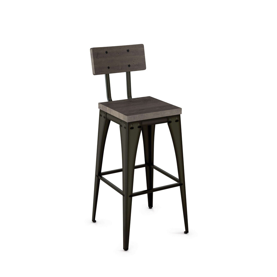 Upright Non Swivel Bar Stool with Distressed Solid Wood Seat and Backrest