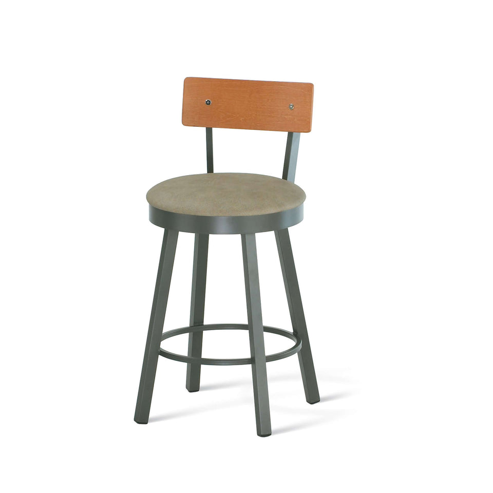 Amisco Lauren Swivel Counter Stool with Upholstered Seat and Wood Veneer Backrest