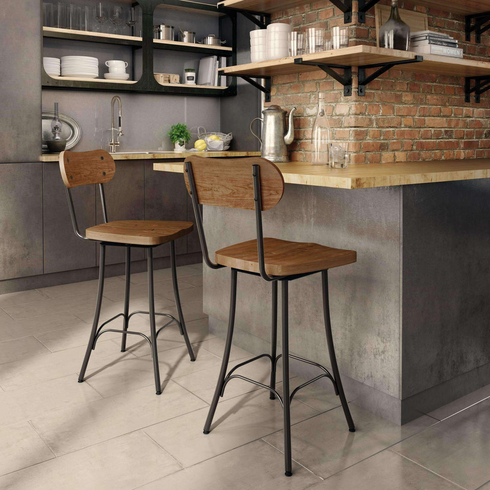 Bean Swivel Bar Stool with Upholstered Seat and Distressed Solid Wood Backrest by Amisco