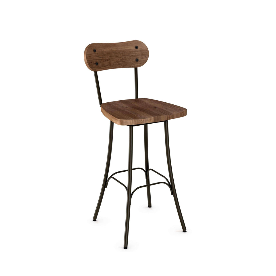 Bean Swivel Bar Stool with Distressed Solid Wood Seat and Backrest by Amisco