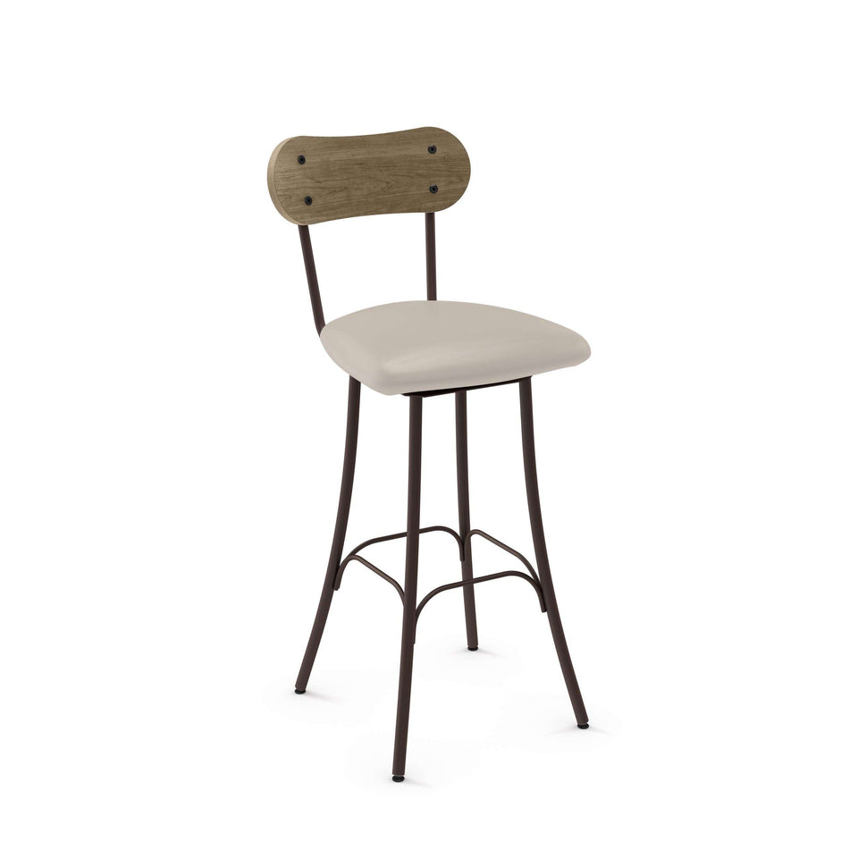 Bean Swivel Bar Stool with Upholstered Seat and Distressed Solid Wood Backrest by Amisco