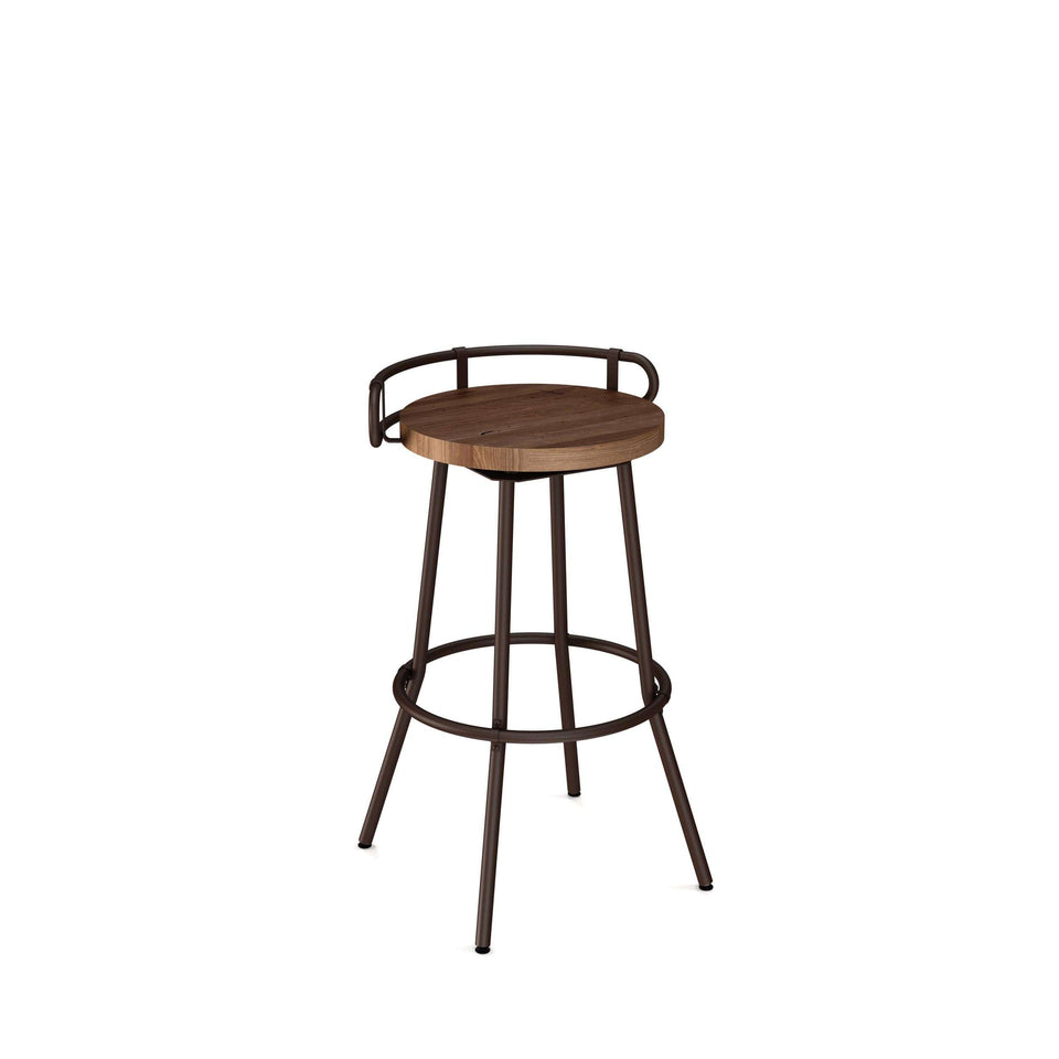 Bluffton Swivel Bar Stool with Distressed Solid Wood Seat and Metal Backrest