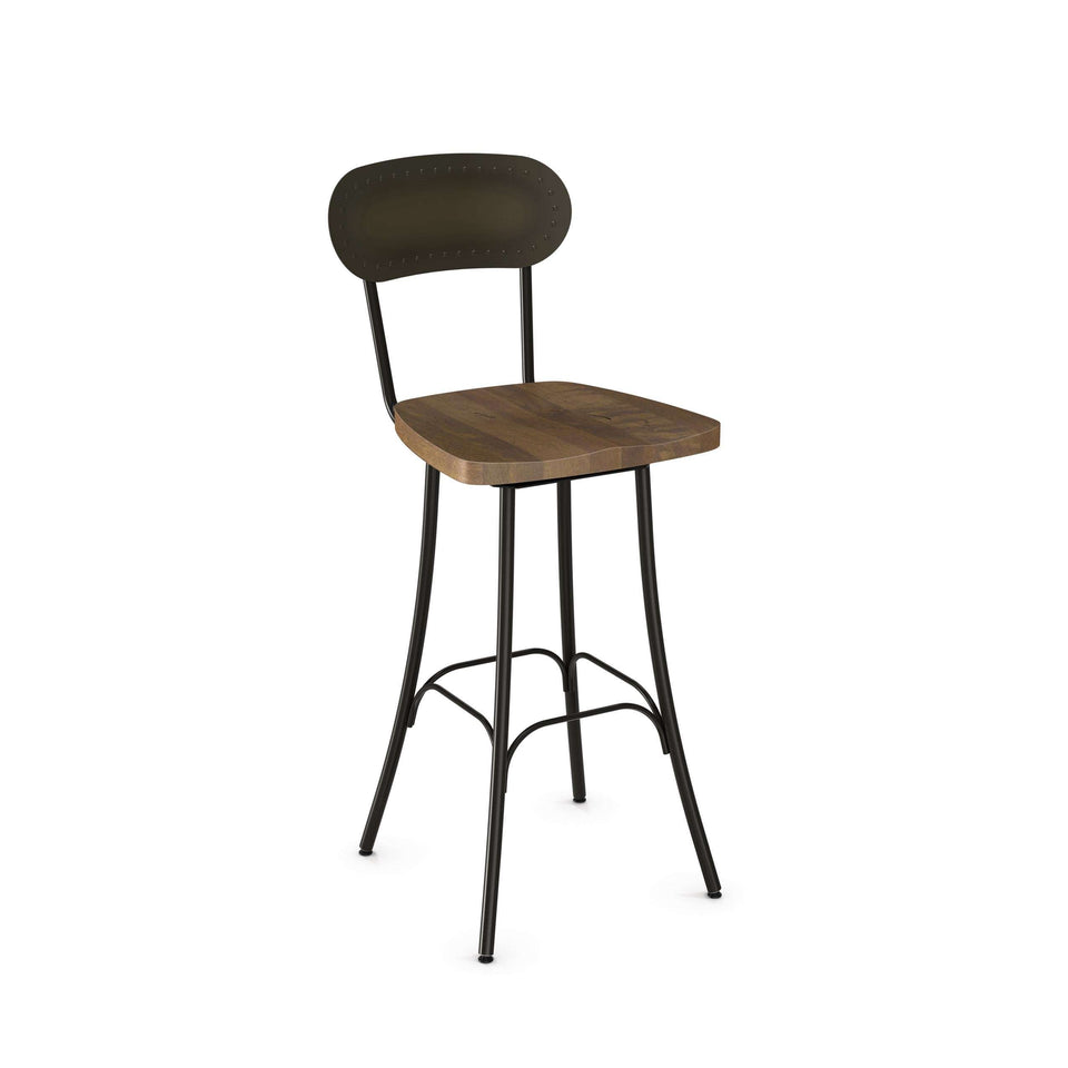 Bean Swivel Counter Stool with Distressed Solid Wood Seat and Metal Backrest by Amisco