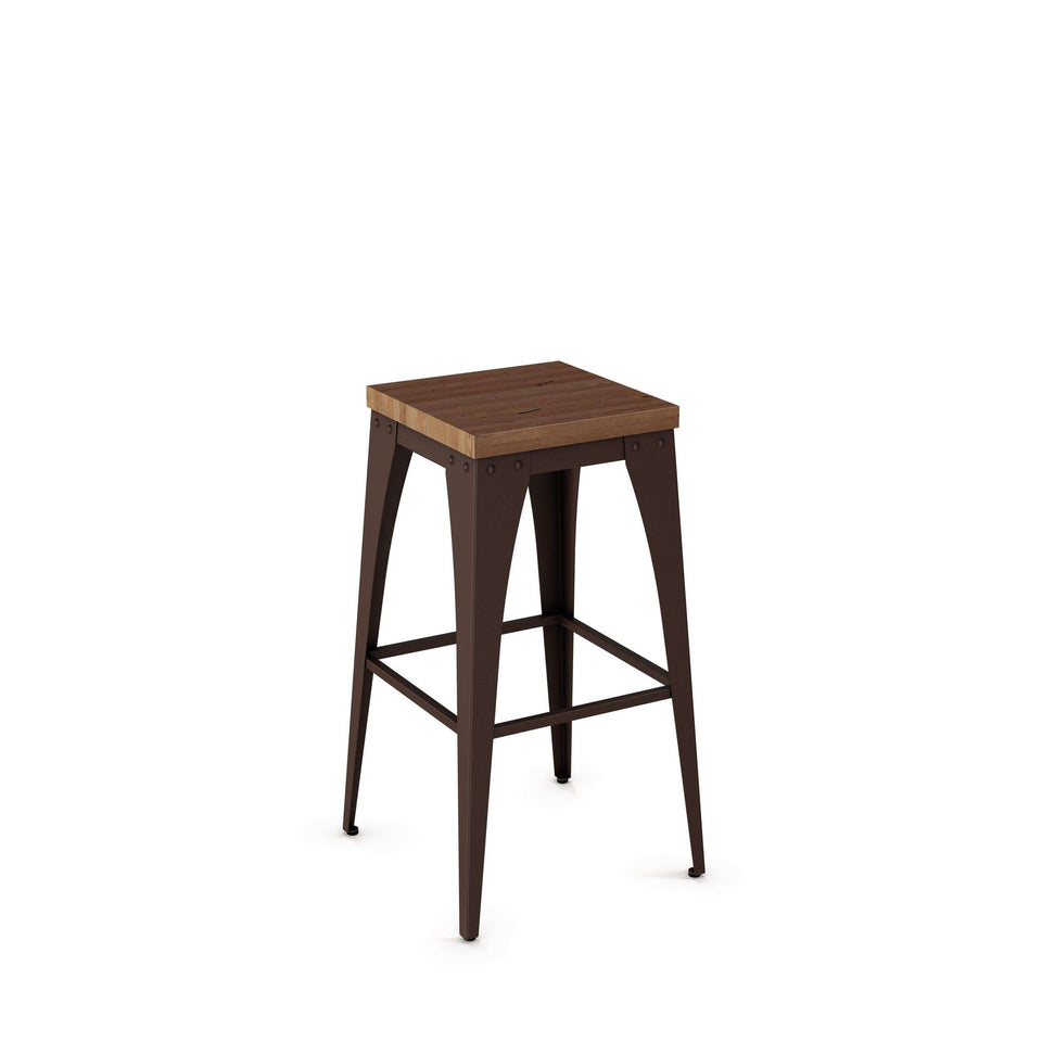Upright Non Swivel Bar Stool with Distressed Solid Wood Seat